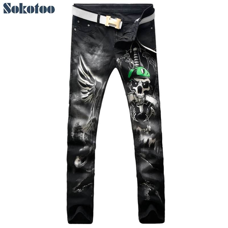 Sokotoo Men's fashion black skull snake sword 3D print jeans Casual colored pattern stretch denim pants Sokotoo Men's fashion black skull snake sword 3D print jeans Casual colored pattern stretch denim pants