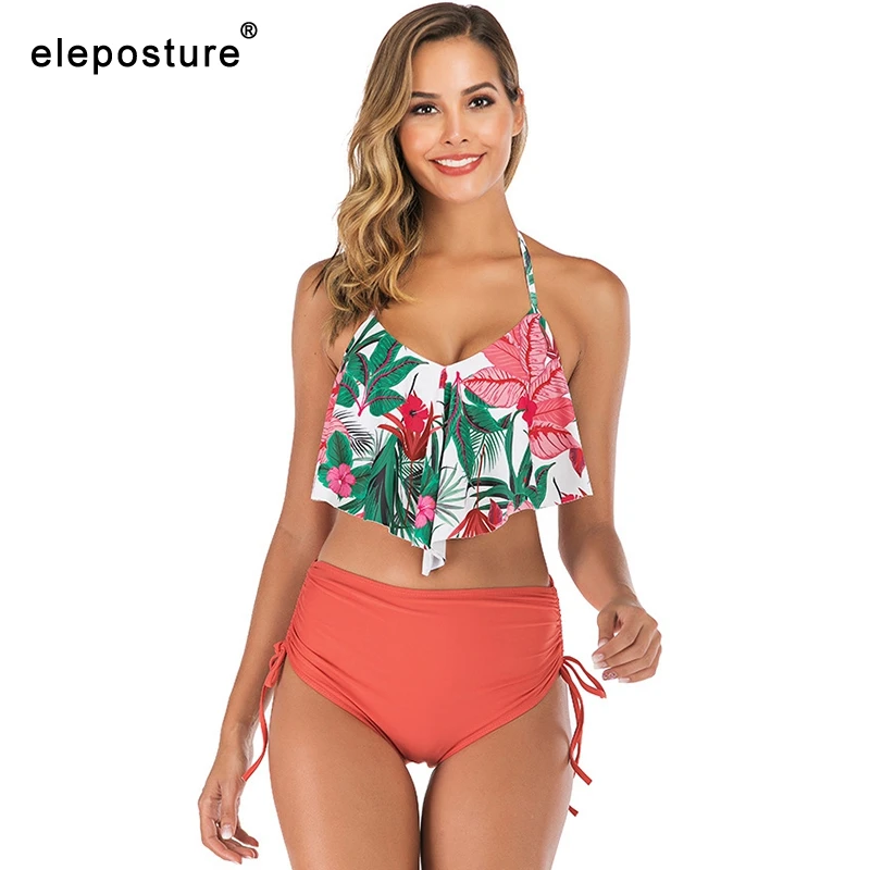 Billig Sexy Rüschen Bikinis Frauen Badeanzug 2020 Hohe Taille Bikini Bademode Badeanzug Drucken Anzüge Sommer Strand Tragen Schwimmen Anzug Für Frauen
