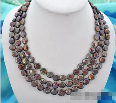 

Free Shipping >>3row 21" 11mm coin black freshwater pearl necklace