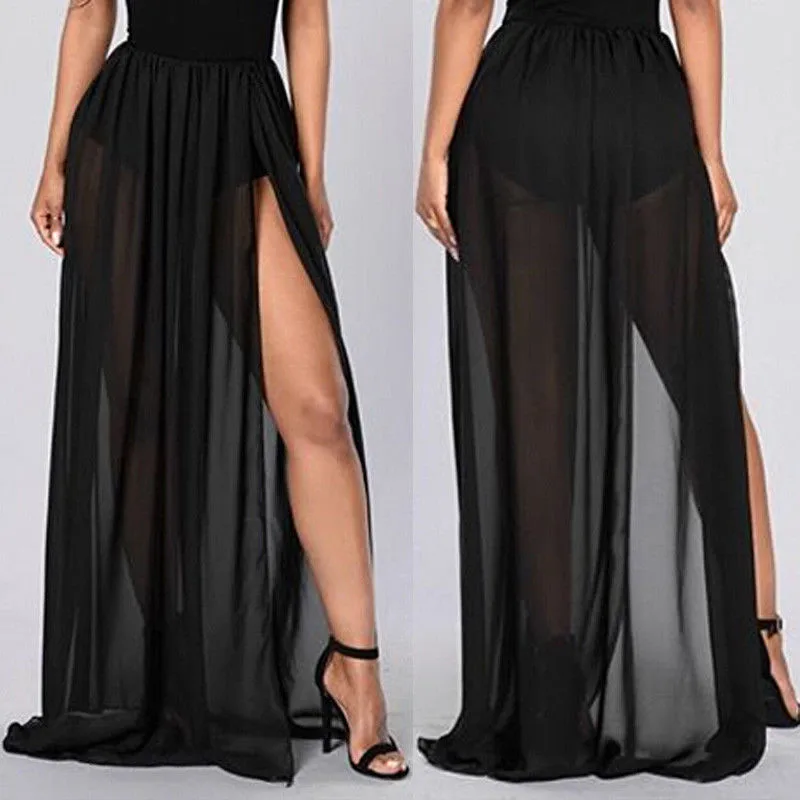 Женская прозрачная юбка с разрезом по бокам и высокой талией, черная однотонная прозрачная шифоновая юбка в стиле ампир, плиссированная длинная юбка макси, летняя Горячая Распродажа