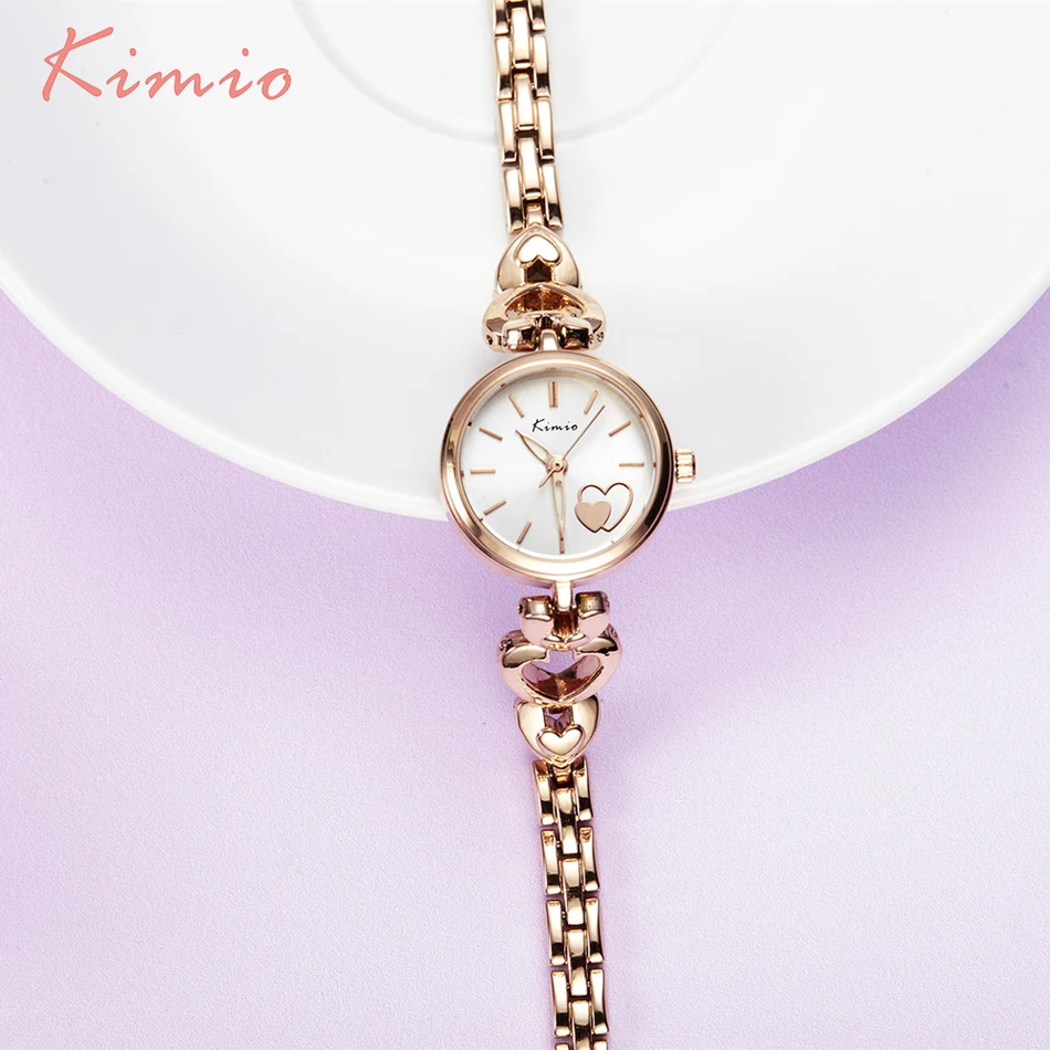 KIMIO Love Pattern Dial Heart Shape Rose Gold Bracelet Femme 2018 Watches For Women Fashion Skeleton Pointer Quartz Watch Women