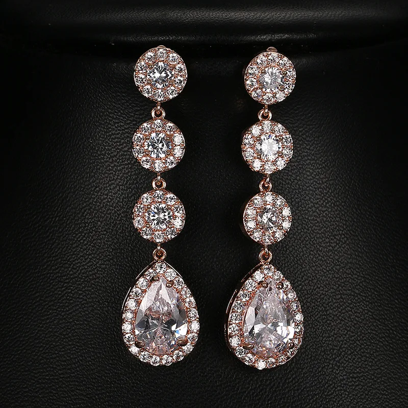 

SLBRIDAL Fashion Jewelry Bijoux Anti-allergic Girls Cubic Zircon Earring Charm Water Drop Earring Women Rose Gold Dangle Earring