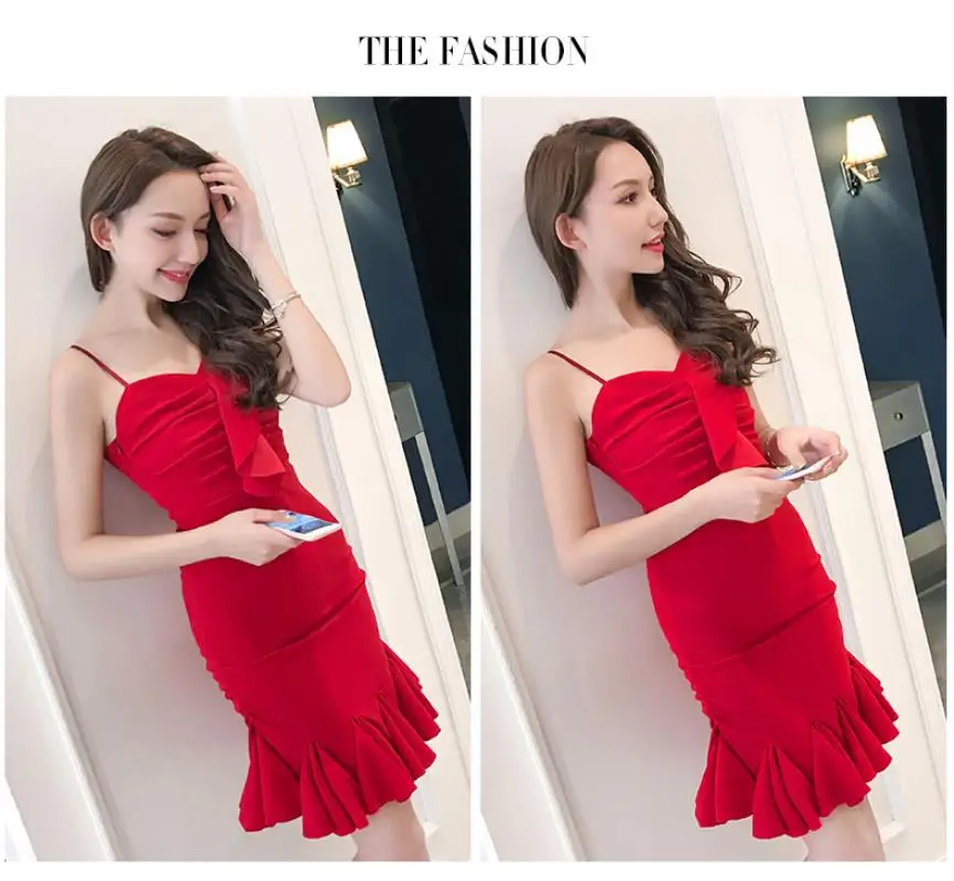 New 2018 Summer  Red Slim Dress  Women Formal Party Dress Women Sling  Sexy Bodycon Ruffles Fishtail Dress Free shipping