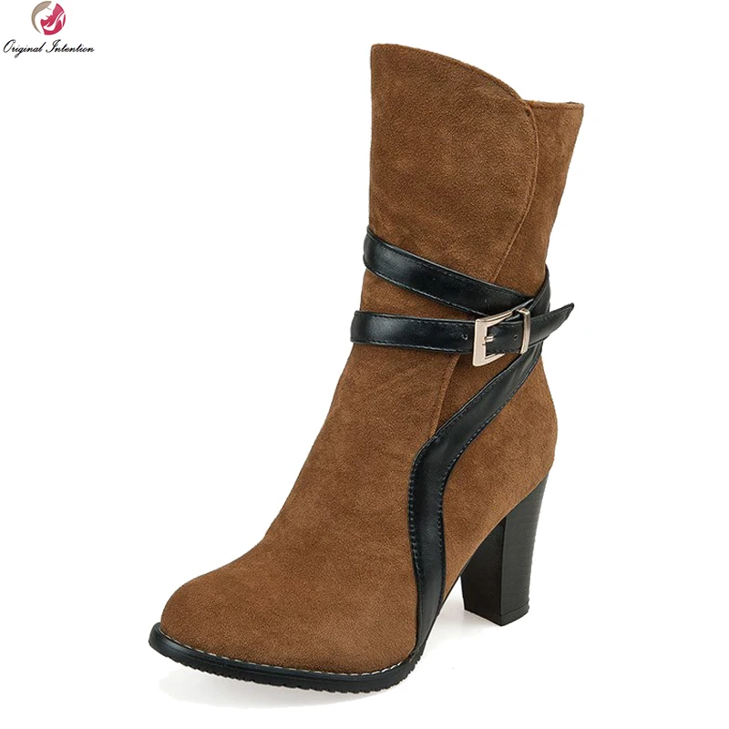 Original Intention Popular Stylish Women Mid-Calf Boots Elegant Round Toe Square Heels Boots Black Brown Red Shoes Woman цена Original Intention Popular Stylish Women Mid-Calf Boots Elegant Round Toe Square Heels Boots Black Brown Red Shoes Woman цены онлайн