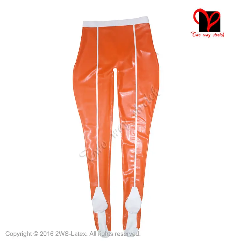 Sexy Orange Latex Leggings Penis Sheath Piss Tube Bcock Ball Long Rubber Pants Latex Trousers Condom Plus Size XXXL KZ-100