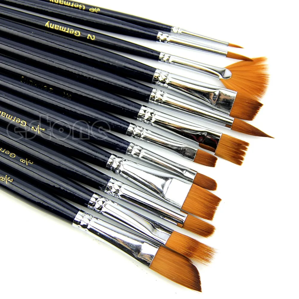 12Pcs Nylon Hair Acrylic Oil Painting Watercolor Artist Paint Brush Supplies Set