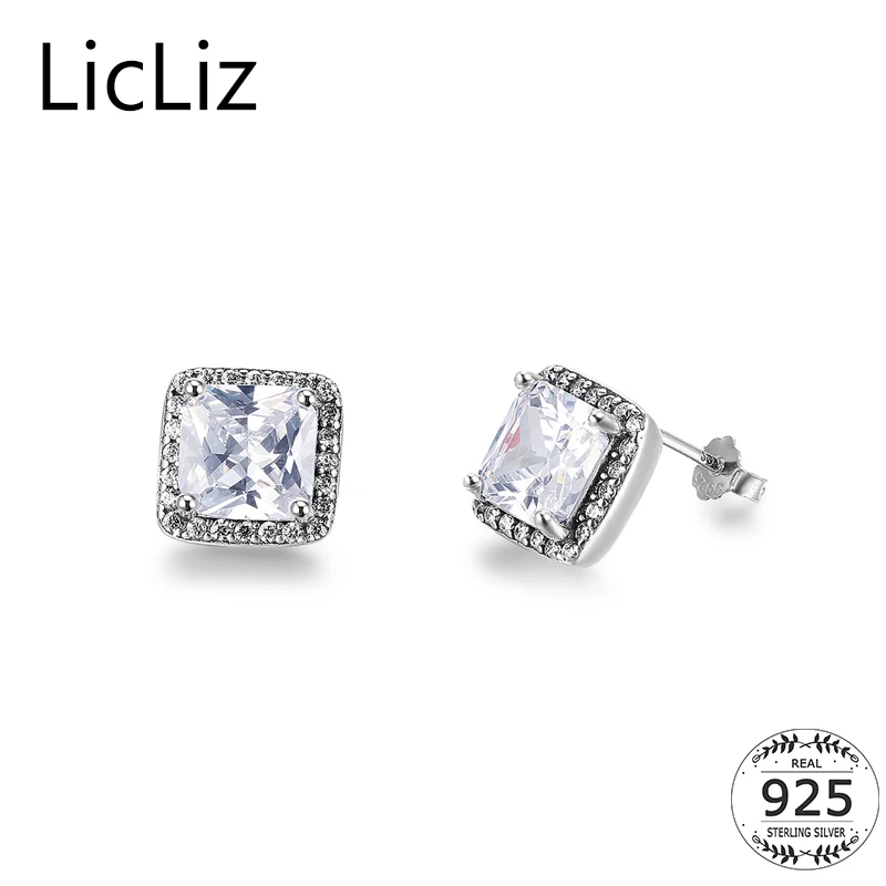 

LicLiz 925 Sterling Silver CZ Square Stud Earrings Womens Post Earring Paved Cubic Zirconia Halo Solitaire Earring Studs LE0398