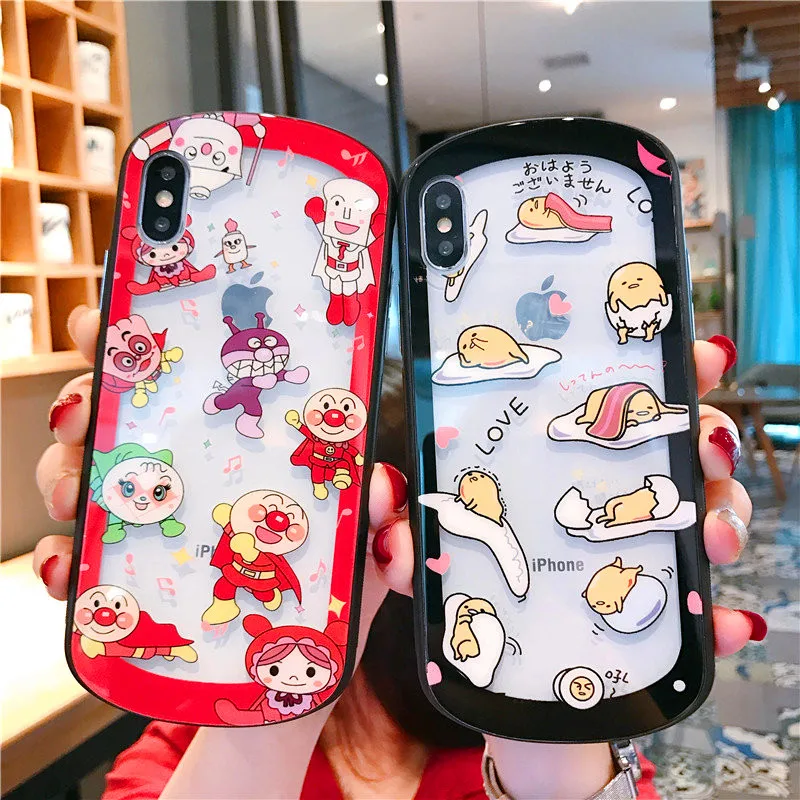 

Cartoon Anpanman Phone Case For iPhone 8 7 plus 6S 6 Plus Cute Tempered Glass Back Cover Clear Case For iphone X Xs Max XR case