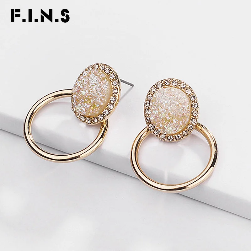 

F.I.N.S Korean Fashion Earring Jewelry Resin Quartz Stone Round Circle Stud Earrings for Women Classic Female Earring Geometry