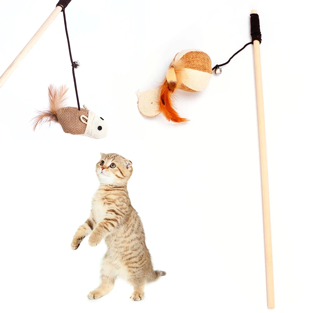 Pet Cat Toys Funny Wood Stick Dangle Mouse Ball With Feather