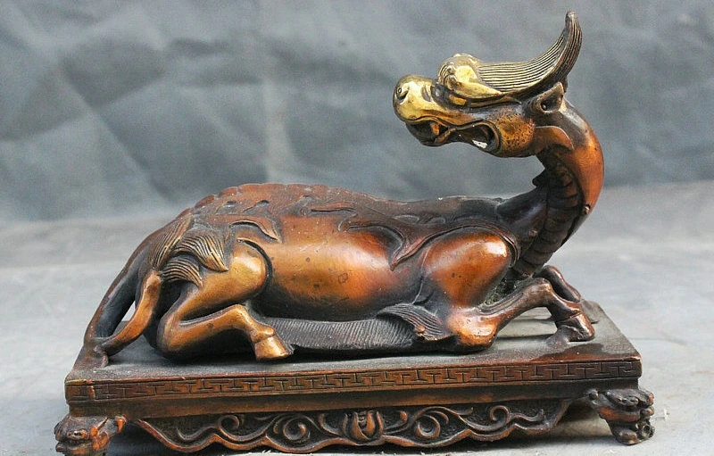 

7" Rare China Talisman Pure Bronze Gilt Dragon Kylin Beast Lion Head Base Statue