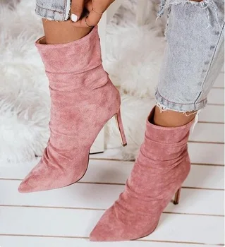 

New Arrivals Pink Stretch Womens Ankle Boots Shoes Customized Solid Color Women Fashion Pointed Toe Zipper High Heel Boots