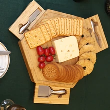 Натуральная бамбуковая доска для сыра набор ножей, столовые приборы с выдвижной ящик деревянная тарелка 3-мя небольшими лезвия из нержавеющей стали набор инструментов для сыра HW090