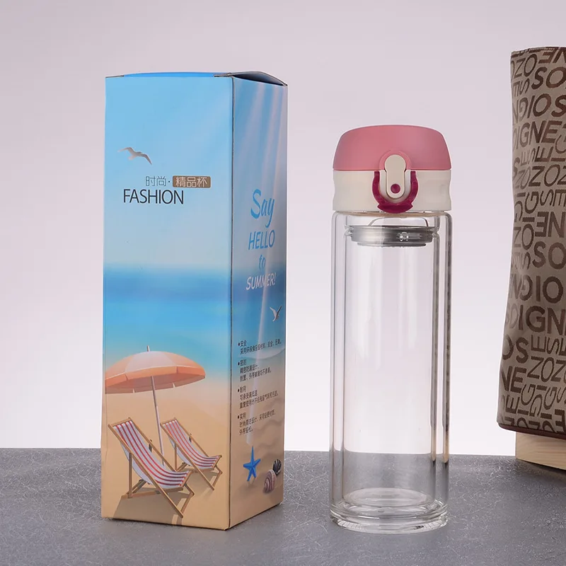 

New Bouncing Glass Water Bottle with Bounce Switch Coffee Tea Infuser Double wall Sport Water Tumbler with Tea Filter