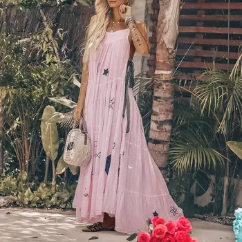 

Summer Dress Women Sexy Beach Sundress Ladies Casual Boho Maxi Dress Irregular Yellow Dress Mesh Chiffon Pleated Pink Dress