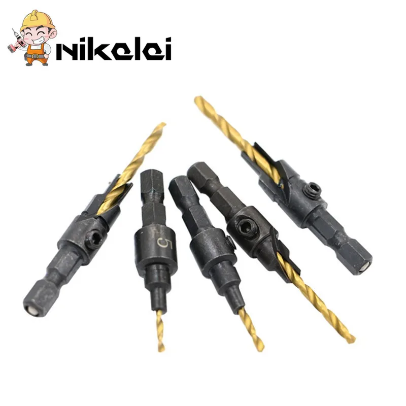 

HSS Countersink 5pcs Drill Bit Set Quick Change 1/4" Hex Shank Trim Screw #5 #6 #8 #10 #12 Counter Bore Screw Woodworking Tools