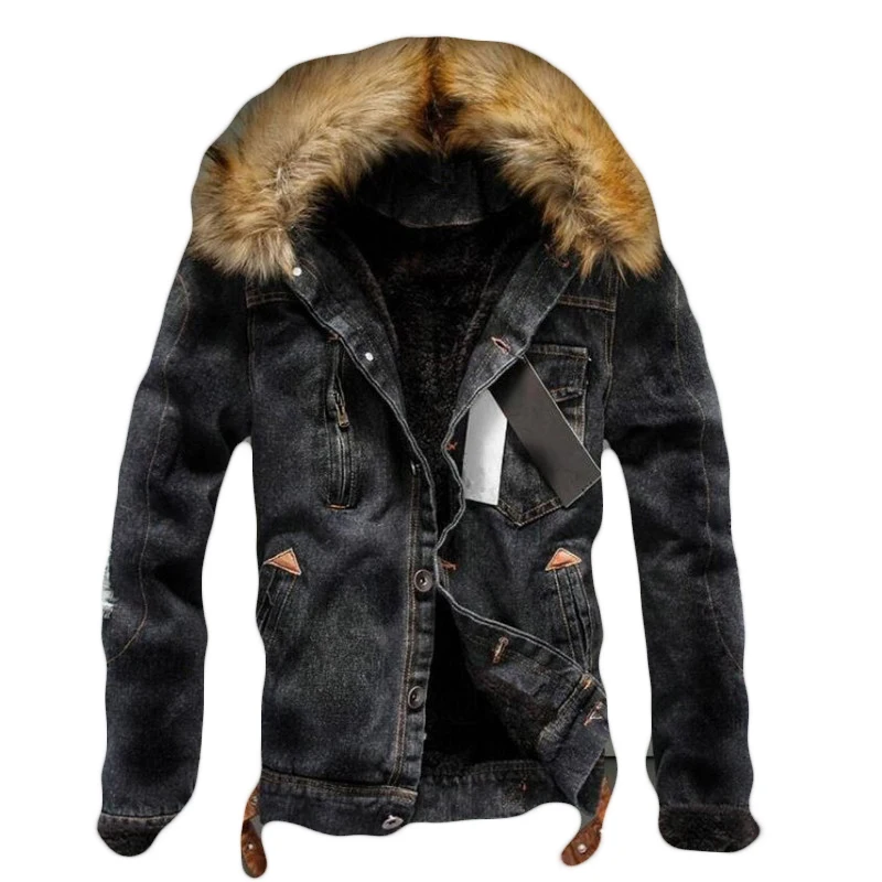 

Fashion Mens Ve;vet Jeans Jacket with Denim Jacket Fur Collar Vintage Wash Ripped Jeans Jacket and Coat for men Winter 2018