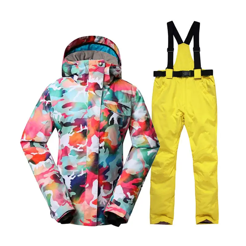 Камуфляжная женская зимняя одежда верхняя одежда Сноубординг наборы водонепроницаемые ветрозащитные дышащие лыжные куртки и пояс зимние брюки - Цвет: yellow pant