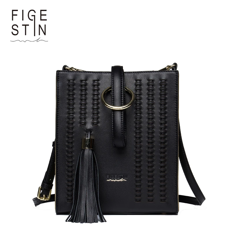 ФОТО FIGESTIN Women's Shoulder Bags Genuine Leather Black Bags for Women with Tassel Knitting Crossbody Bag Original Design New