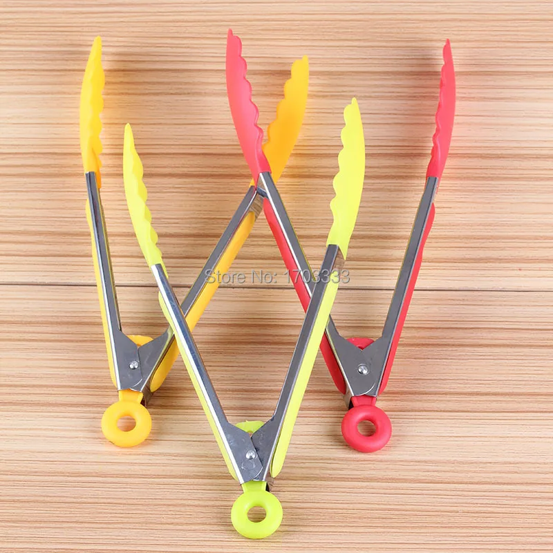 100pcs Useful Silicone Cooking font b Salad b font Serving BBQ Tongs Stainless Steel Handle Utensil