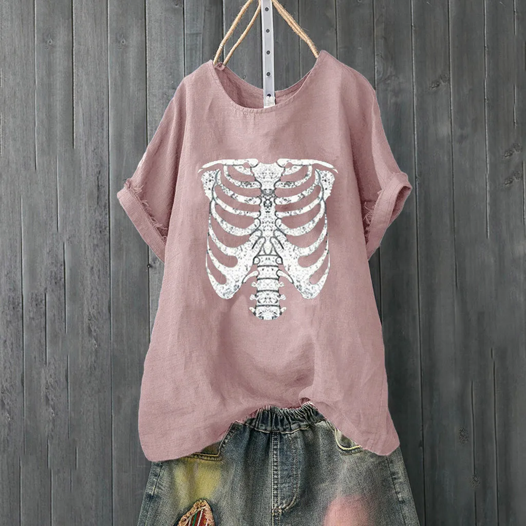 

2019 Summer Women Skeleton Print T Shirt Casual Solid Short Sleeve Beach Tops Vintage Loose Daily Female Tee Shirt Plus Size