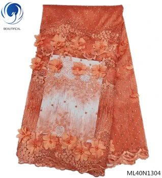 

BEAUTIFICAL flower lace fabric beaded 3d laces applique with stones 5 yards/lot african material free shipping online ML40N13