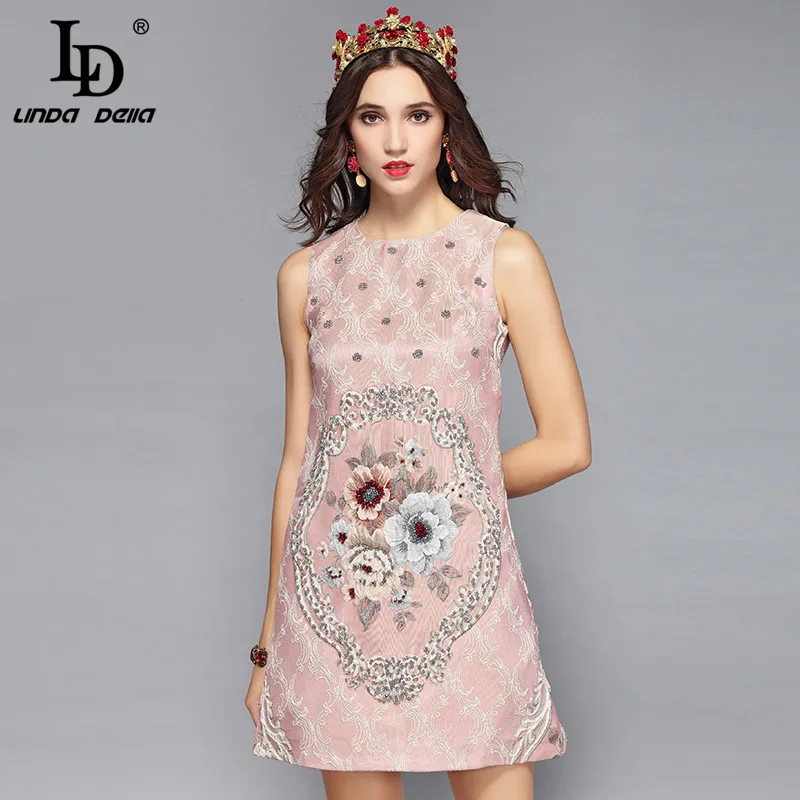 

LD LINDA DELLA New 2018 Runway Designer Autumn Dress Woemn's Sleeveless Beading Flower Jacquard Elegant Short Dress vestido