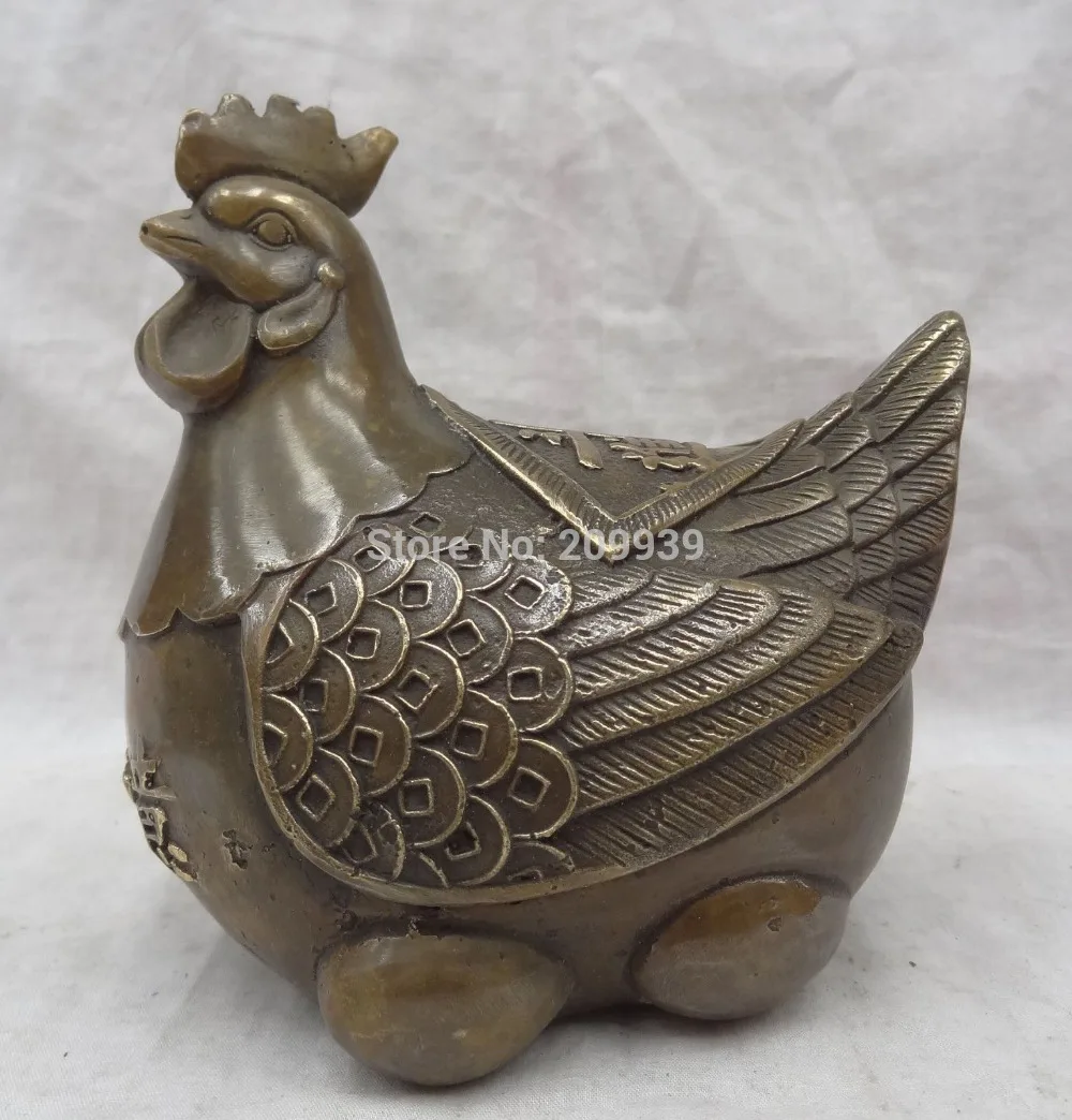 

huij 006720 Chinese Bronze Zodiac Wealth Coin YuanBao Bird JiXiang RuYi Cock Rooster Statue (A0314)