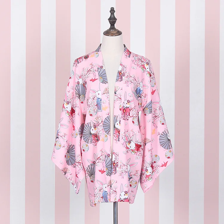 &quotOnegai Usagi&quot Кролик для молитвы Женский японский юката стиль Kawaii Blossom Bunny Тренч