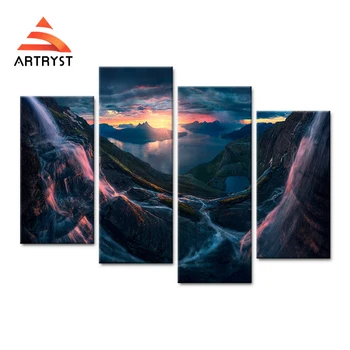 

4 panel modular art wall waterfall, mountain, sunrise scenery canvas picture HD print on the canvas modern home decoration