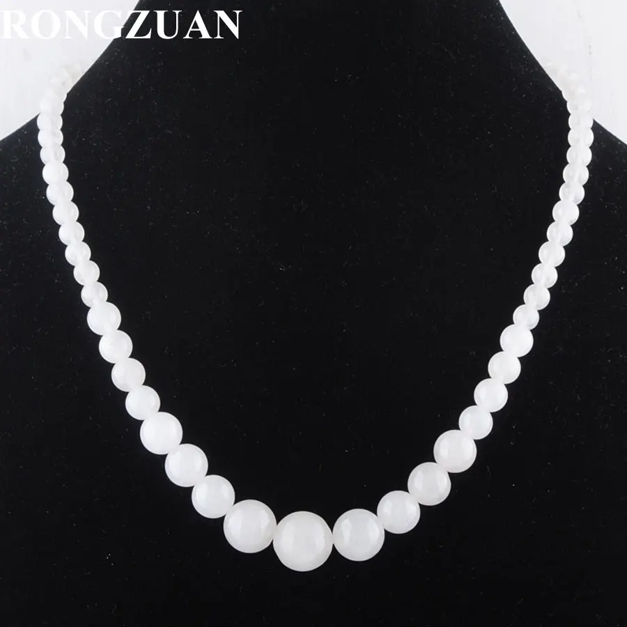 RONGZUAN Natural White Jades Necklace Stone Graduated 6 14mm Round