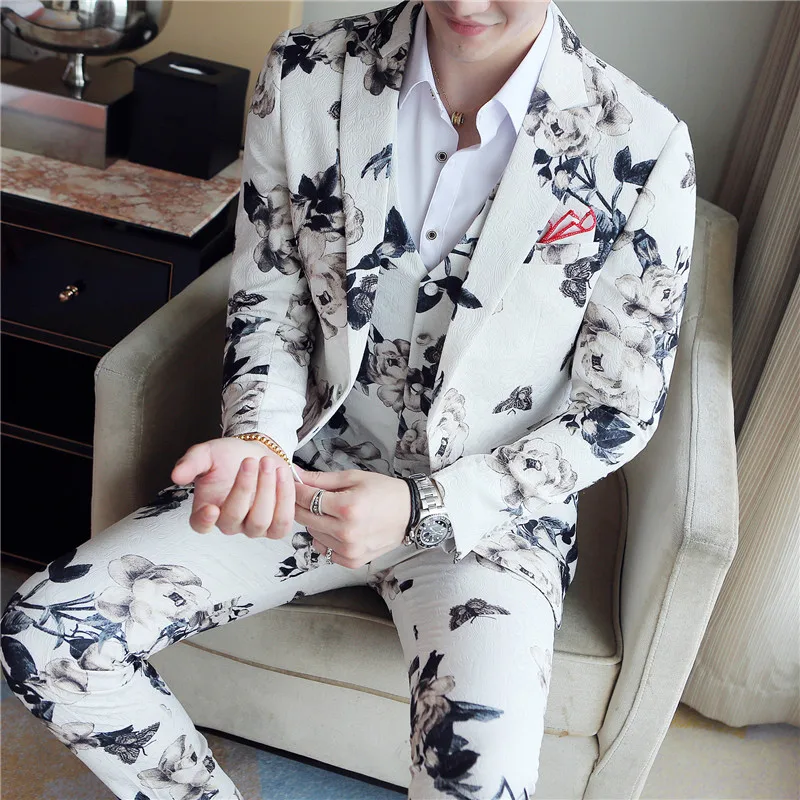 Anzug белые мужские костюмы Terno Masculino приталенные мужские костюмы с цветочным принтом облегающие красные губы Erkek Takim Elbise Клубная одежда 3 шт