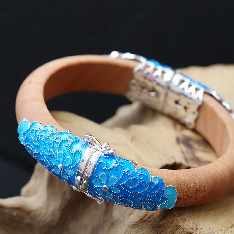 

Silver Jewelry Wholesale S925 Sterling Silver Bangle Natural White Ebony Open Ended Bangle Vintage Cloisonne Silver Bangle Women