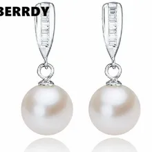 Настоящий жемчуг 925 серебрный пресноводный жемчуг серьги Модные серьги для красивого для девичника свадебной вечеринки подарок с 9-10 мм круглым жемчугом