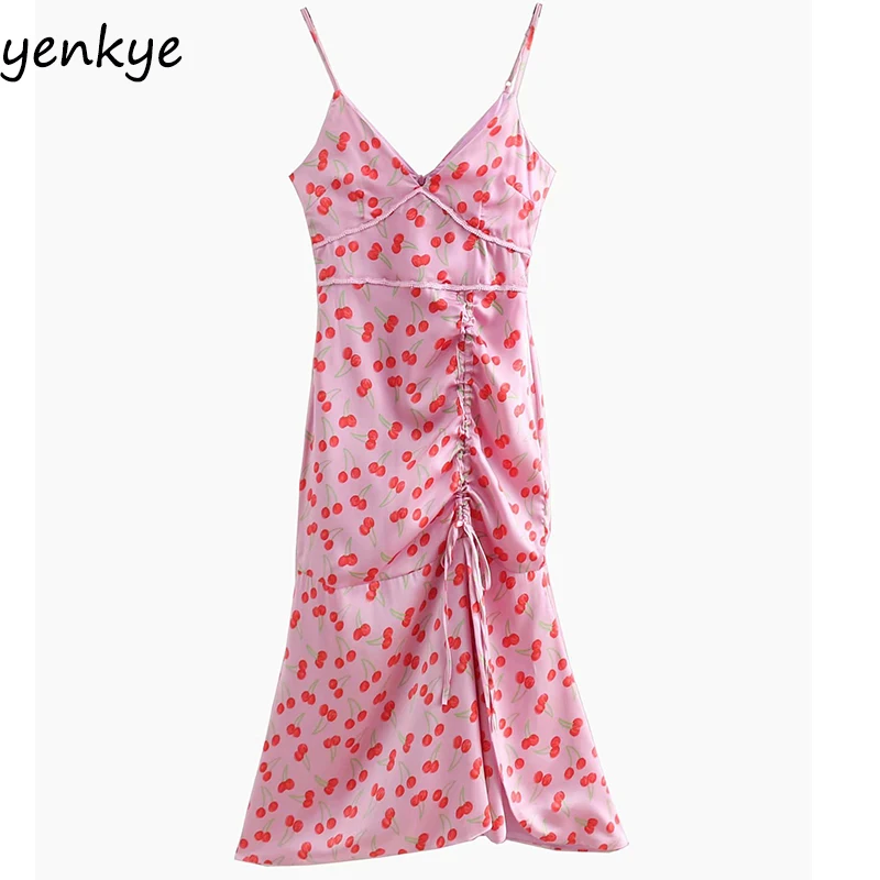 

Sexy Sling Summer Dress 2019 Women V Neck Sleeveless Drawstring Draped Cherry Print Dress Long BBWM9004