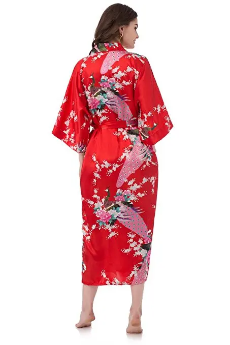 Женское кимоно, длинный халат с павлином и цветами, длинное кимоно, халат с карманом, сексуальный халат для свадьбы, невесты, подружек невесты, большой размер D130-01
