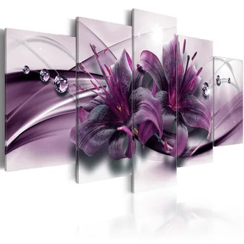 

5 Pieces Canvas Wall ArtWater Drop Purple Lily Flower Abstract Exquisite Background Home Decoratives Paintings Framed PJMT- (32)