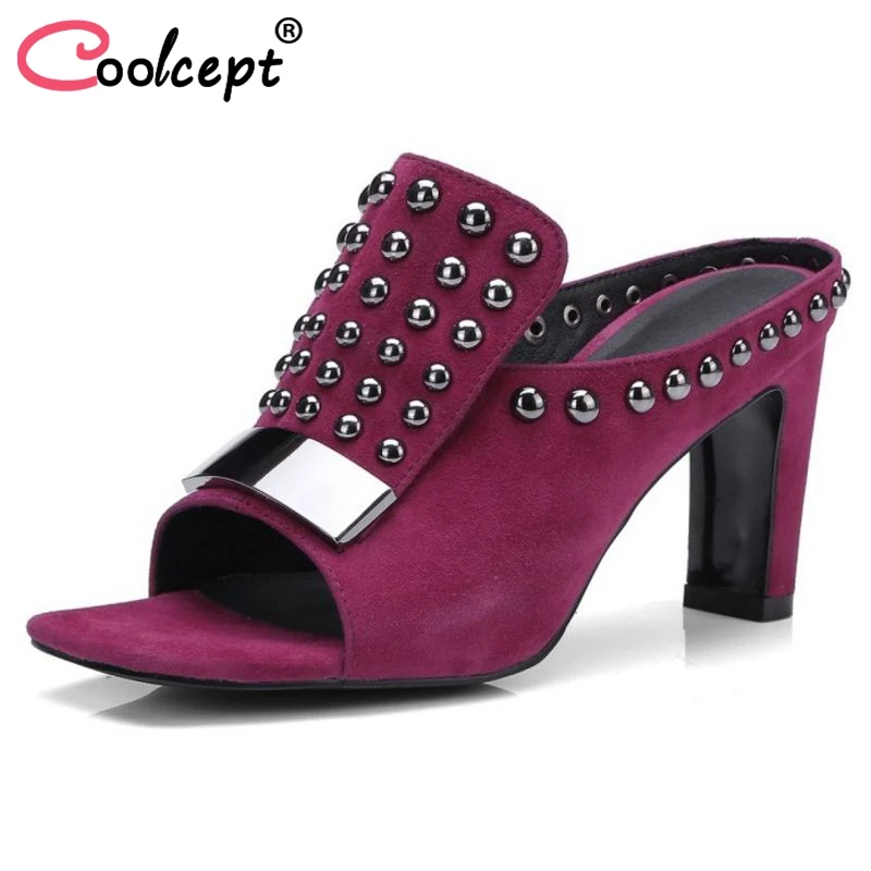 

Coolcept Fashion Women Natural Leather High Heel Sandals Open Toe Rivet Slippers Summer Party Shoes Women Footwear Size 34-39
