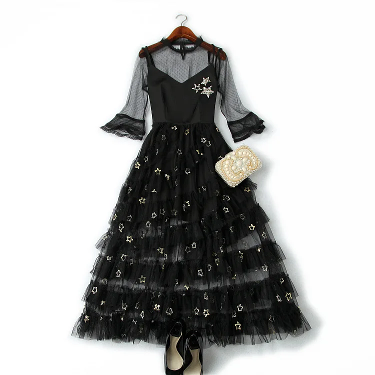 

European and American women's clothing 2019 summer new style Net yarn T-shirt Nail bead sequins Condole belt dress two-piece