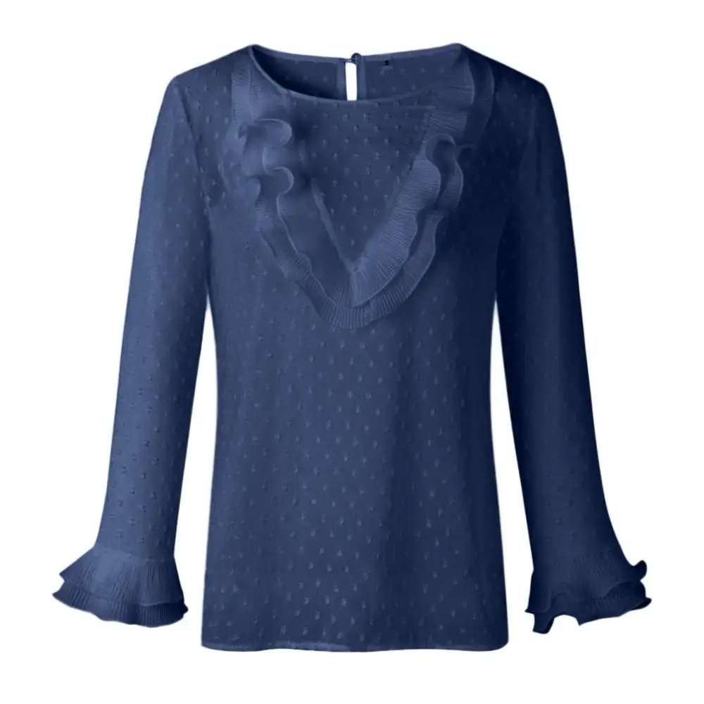 Feitong Women Ladies Blouses And Tops Casual Ruffles Lace Polka Dot O Neck Shirt Long Sleeve Blouse blusas mujer de moda - Цвет: Navy