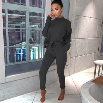 

2019 Summer Loose Solid 2 Piece Set Women Long Sleeve Top and Pencil Pants Sports Suit Tracksuit Casual Outfits