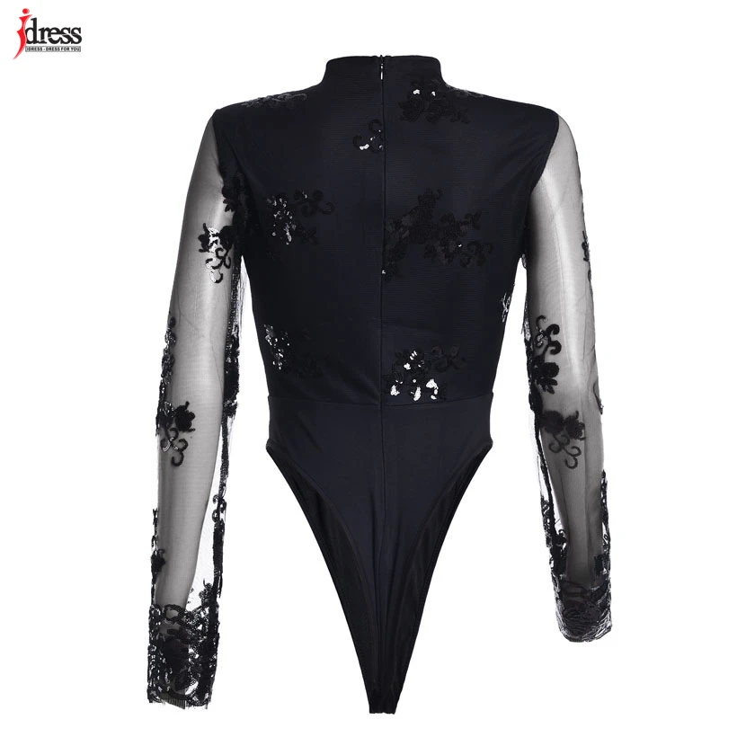 IDress 2018 Sexy Bodysuit Women Long Sleeve Mesh Bodysuit Beachwear Top V Neck Lace Sequined Bodysuit Rompers Women's Jumpsuit (5)