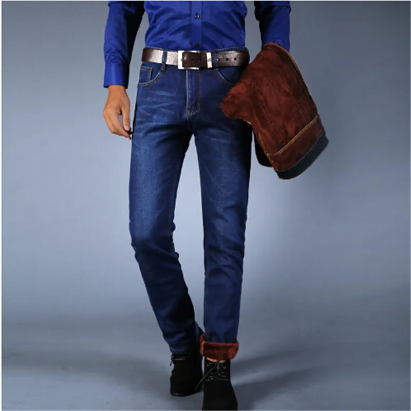 

Men Jeans 2016 New Arrival Winter Stretch Thicken Jeans with Warm Fleece Straight Fit Denim Pants Trousers Size 28-46
