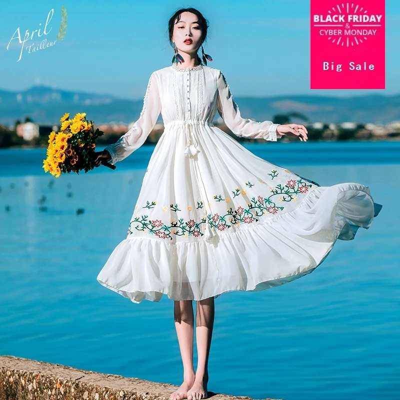 

2019 summer new fashion brand embroidery vacation beach dress female high quality single breasted ruffles retro dress wj2414