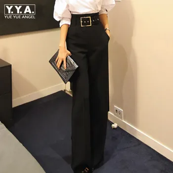 

Spring Autumn OL Women Work Straight High Waist Maxi Long Pants Casual Wide Leg Pants Office Female Sashes Loose Fit Trousers