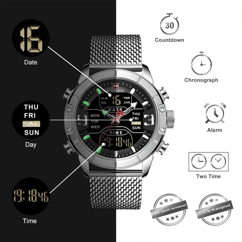 Baratos NAVIFORCE relojes para hombre, marca de lujo superior, relojes deportivos para hombres, reloj Digital LED de cuarzo para hombres, reloj de pulsera militar de acero completo para hombre
