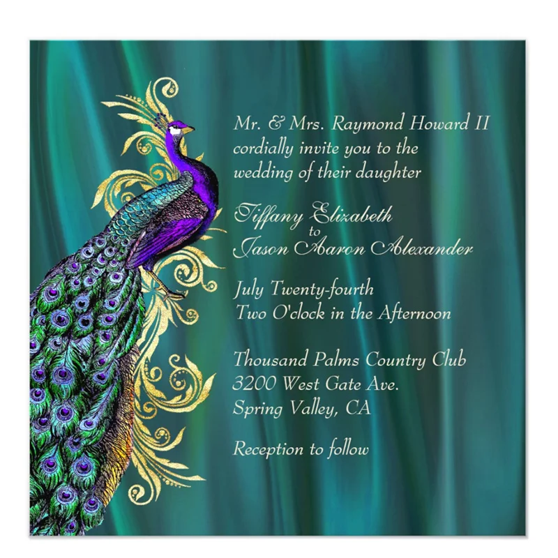 

Personalized Elegant Teal Satin and Peacock Wedding Invitation