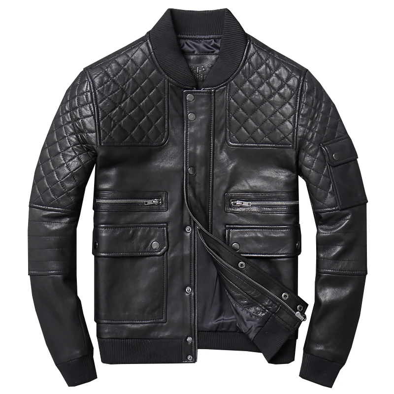 

Genuine Leather Jacket Men Real Sheepskin Motorcycle Biker Leather Jacket Casual Slim Bomber Baseball Male Winter Outerwear Tops