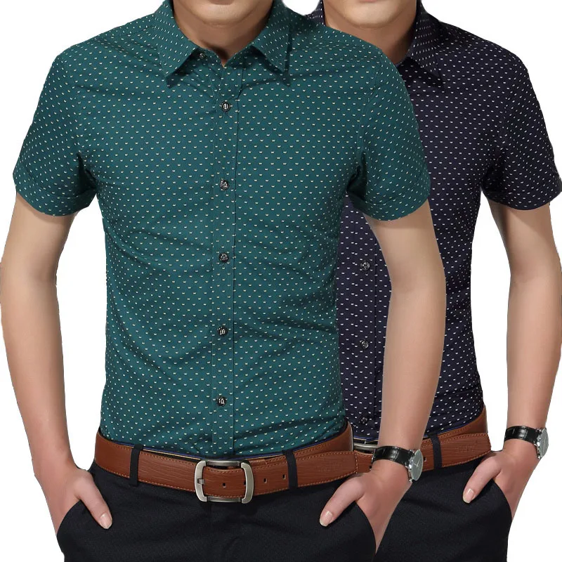 Achat Vente chaude Nouvelle Marque De Mode Vêtements Hommes Chemise À Manches Courtes Polka Dot Slim Fit Robe Chemise 100% Coton Casual Blanc Chemises M 5XL