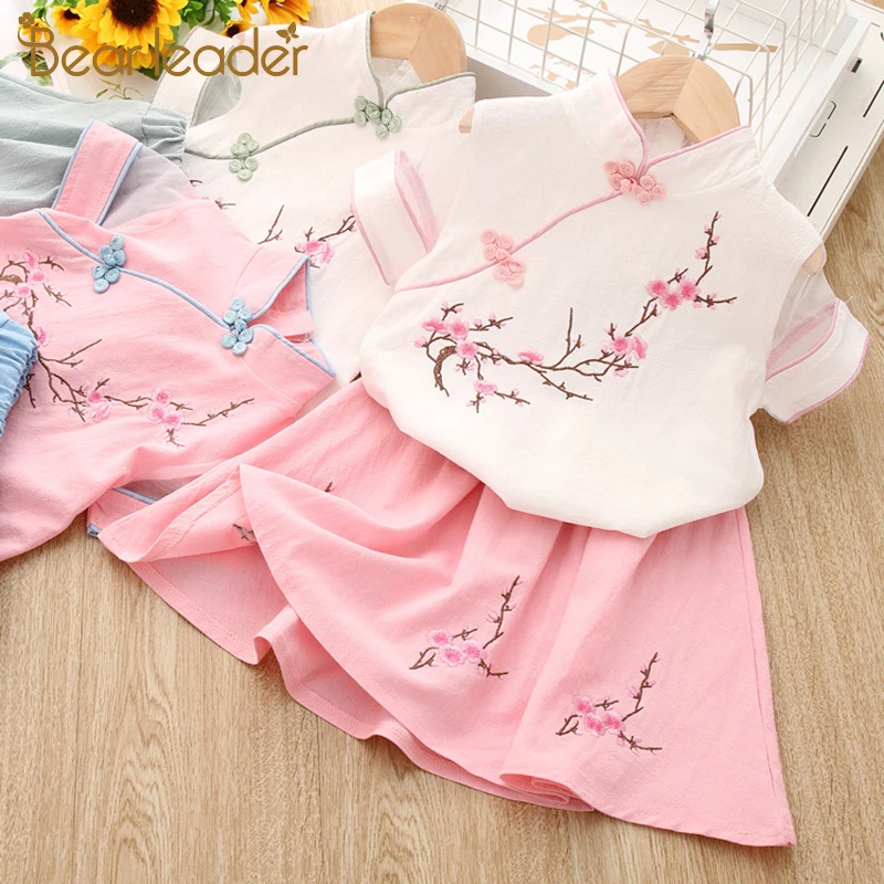 Bear leader/комплекты одежды для девочек; коллекция года; летняя одежда принцессы для девочек в китайском стиле; топ с цветочным принтом персикового цвета+ юбка; одежда для детей